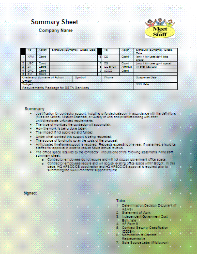 Summary sheet template