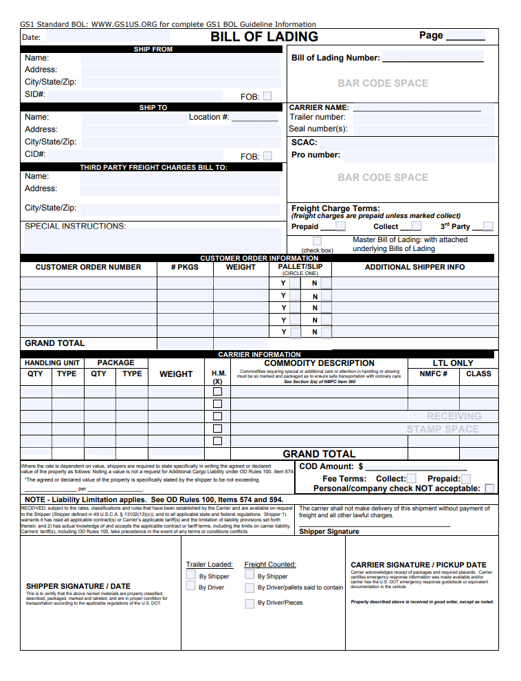 Business Bill of Lading Template