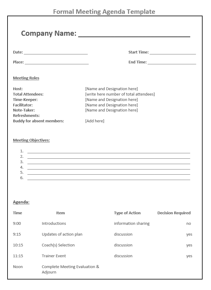 Formal Meeting Agenda Template