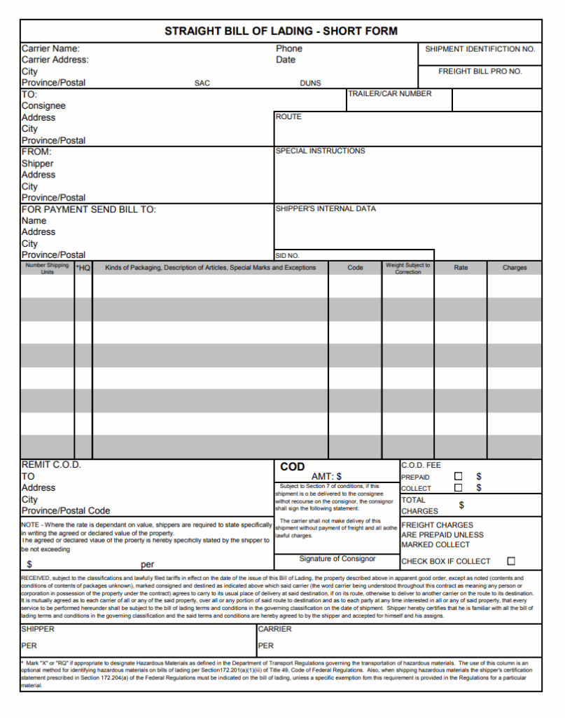 Straight Business Bill of Lading Template