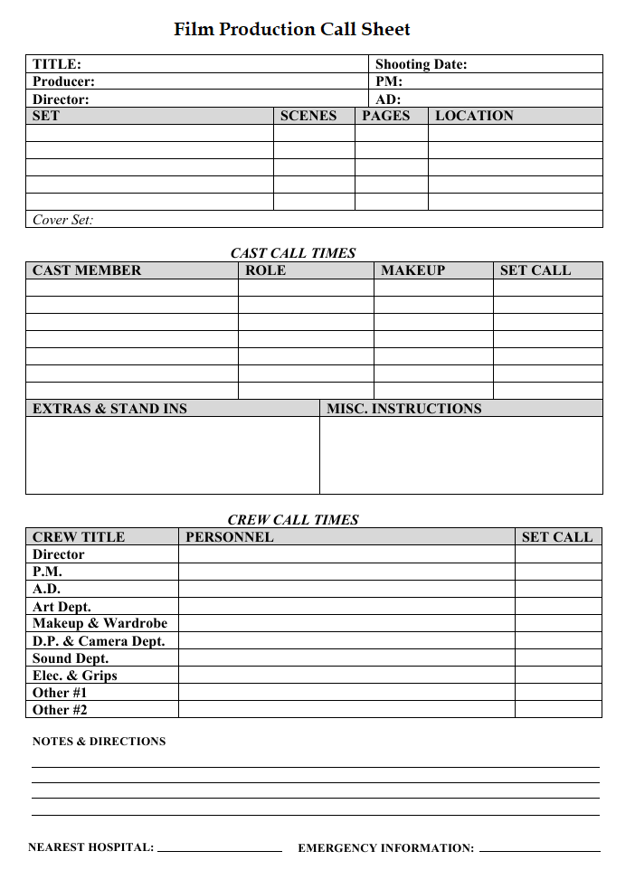 Film Production Call Sheet Template