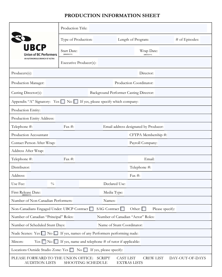 Film Production Information Sheet Template