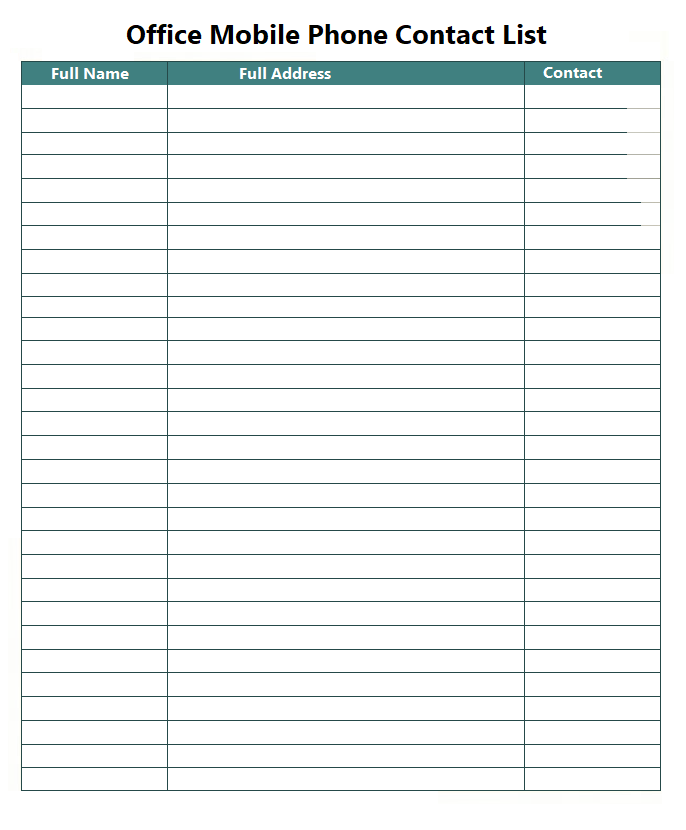 office Mobile Phone Contact List Template