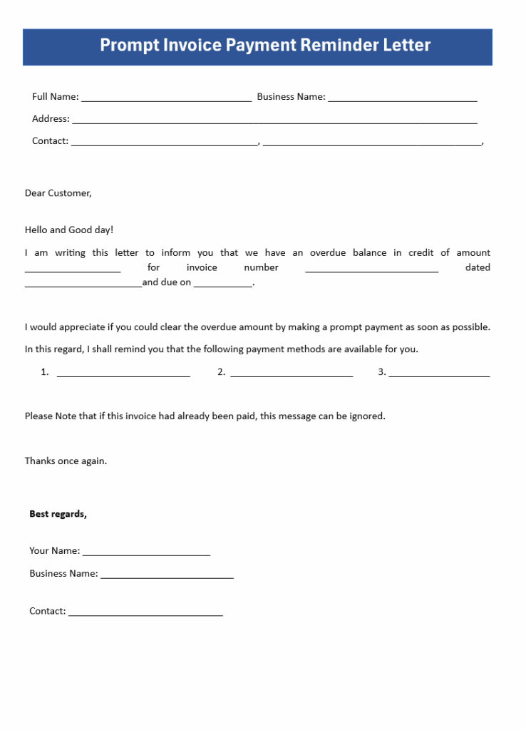 Prompt Invoice Payment Reminder Letter Template