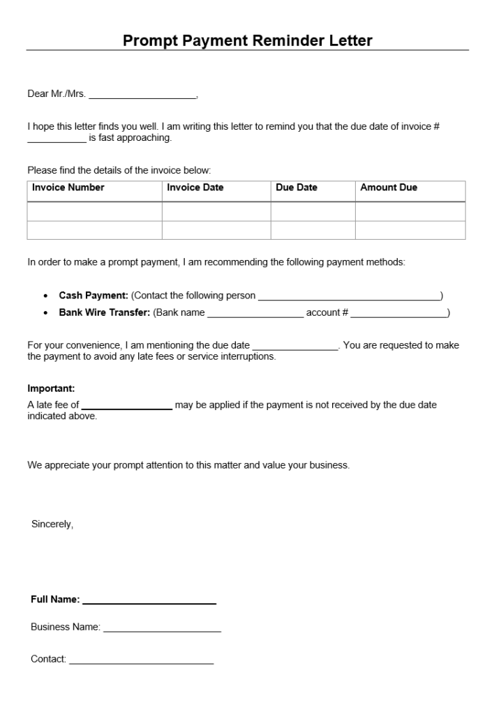 Prompt Payment Reminder Letter Sample